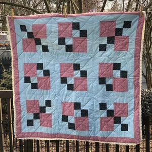 Vintage Quilt Coverlet Wall Hanging Pink Blue 48" Square Reversible Geometric - Picture 1 of 9