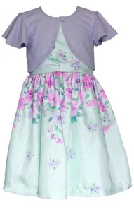 NEW Bonnie Jean Girls Size 5 "MINT LAVENDER FLORAL" Shantung Dress Cardigan Set - Picture 1 of 3