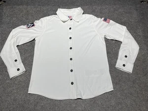 US Skateboards White Volcom Button Up Patches Collar Shirt Medium LONG SLEEVE - Picture 1 of 11