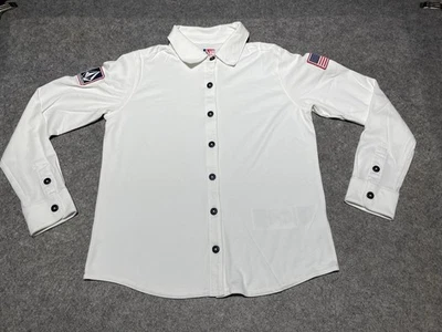 US Skateboards White Volcom Button Up Patches Collar Shirt Medium LONG SLEEVE - Image 1 of 4