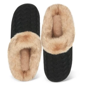 Slippers for Women Memory Foam Knitted Fur Collar House Shoes Anti-Skid Sole ... - Picture 1 of 6