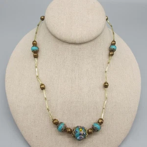Collar de cuentas de pastel de boda azul tono dorado tapas de filigrana 17" - Imagen 1 de 6