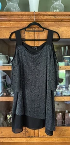 Pretty Angel Apparel Tunic Cold Shouler Metallic Black 1X with Black Pearl Studs - Picture 1 of 7