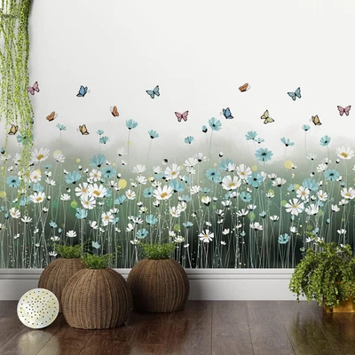 2 Sheets Blue Daisy Wall Stickers White Flower Butterfly Decals Home Decor - Image 1 of 4