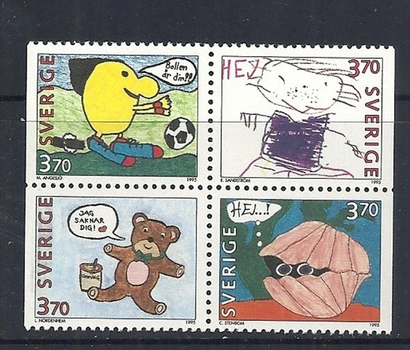 SWEDEN 1995 CHILDRENS DESIGNS BLOCK OF 4 MNH - Image 1 of 1