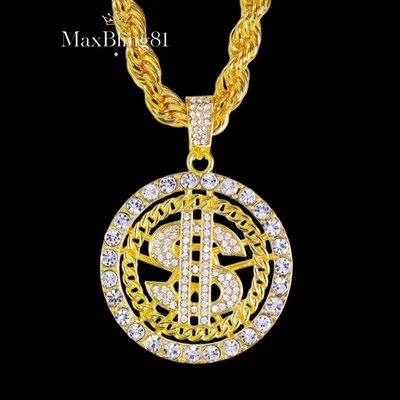 $ Signo Dólar Circonita cúbica Medalla Colgante Helado y 8mm 24" Grueso Cuerda Cadena Collar (8070) Foto 1 de 2