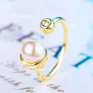 9K GF 9CT YELLOW GOLD MADE WITH SWAROVSKI CRYSTAL PEARL OPEN RING US 6 AU M - Picture 1 of 2