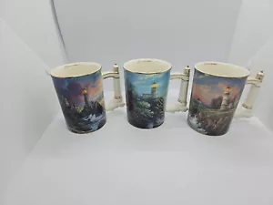 3 Thomas Kinkade Split Rock Lights , Victorian Light, Rock of Salvation Mugs - Picture 1 of 13