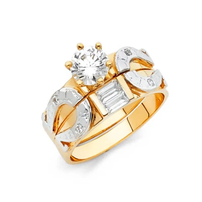 Anillo conjunto trío de boda solitario de circonita cúbica oro amarillo blanco 14k Foto 1 de 2
