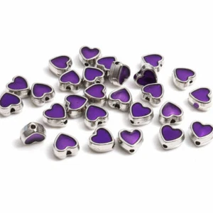 10 Valentine Love Heart Shaped Spacer Beads with Purple Shiny Enamel Detail - Picture 1 of 1