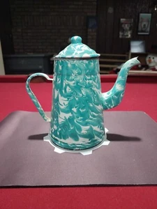 Vintage Aqua Blue/Green Swirl Enamel Tea Coffee Pot - Picture 1 of 10