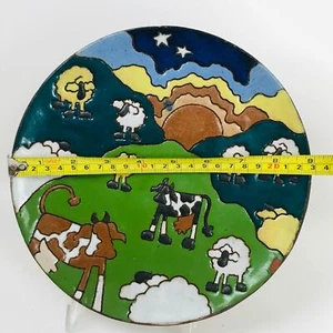 Judy Miller Plate Handmade Art Pottery Signed 1977 Cows Sheep Pasture - Picture 1 of 6
