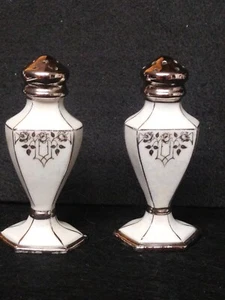 Salt & Pepper 2 pc. Shaker Set  Art Deco Ceramic White Silver Color - Picture 1 of 5
