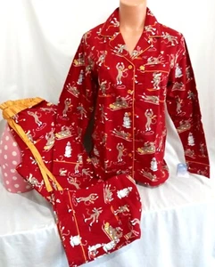 NICK & NORA DOWNHILL MONKEYS 100% COTTON Flannel Set Pajamas NWT S - Foto 1 di 5