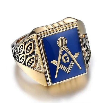 Vintage Olive Leaf Blue Enamel Masonic Ring Stainless Steel Men's Biker Ring - Image 1 of 3