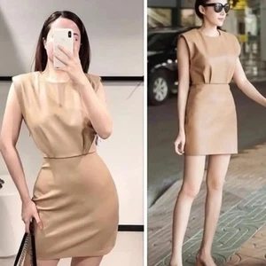 ZARA Faux Leather Shoulder Pads Sleeveles Tan Mini Dress Sz L Bloggers Favorite - Picture 1 of 20