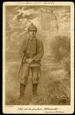 Soldado postal alemán de la Primera Guerra Mundial con casco de espiga, rifle pensando en su querida madre Foto 1 de 2