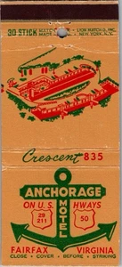 Streichholzschachtelhülle - Anchorage Motel Fairfax VA 30 Stick Virginia MB90 - Bild 1 von 2