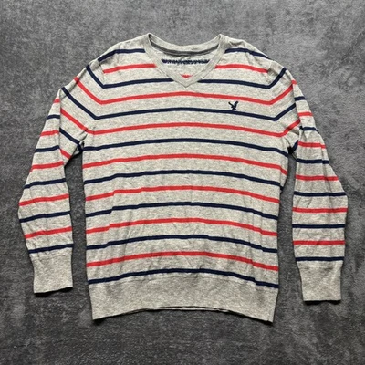 Suéter American Eagle Para Hombre XL Gris Rojo Azul Rayas Manga Larga Preppy Cuello en V Foto 1 de 4