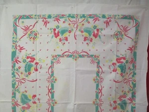 Vintage cotton Tablecloth red green yellow Gay Nineties Couple Birds - Picture 1 of 8