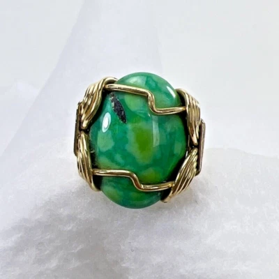 ÚNICO Alambre Tono Dorado Envuelto Turquesa Verde Piedra Talla 7 Hecho a Mano Foto 1 de 4