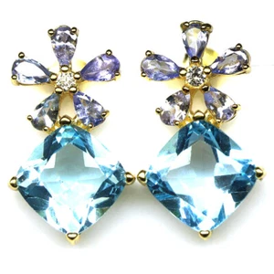 Gemstone 11 x 11 mm. Sky Blue Topaz, Tanzanite & Zircon Earrings 925 Silver - Picture 1 of 4