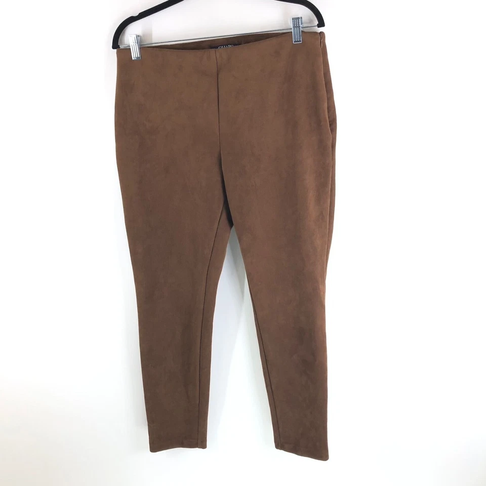 Pantalones para mujer Chaps pierna ajustada tiro alto cremallera lateral elásticos imitación gamuza marrón L Foto 1 de 4