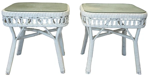 2 Vintage White Wicker Bamboo Rattan Square Side Accent Tables Boho Chic 22" Cover