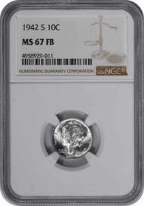 1942-S Mercury Silver Dime MS67FB NGC - Picture 1 of 2