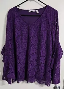Camicetta top donna Isaac Mizrahi Live foderata in pizzo grande viola maniche a volant boho - Foto 1 di 11