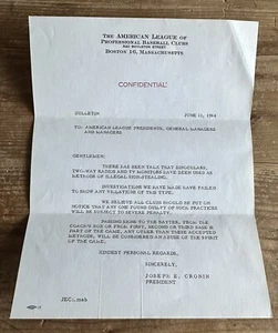 American League Cheating Letter to Bill Valentine Umpire Baseball 1964 Cronin - Picture 1 of 5