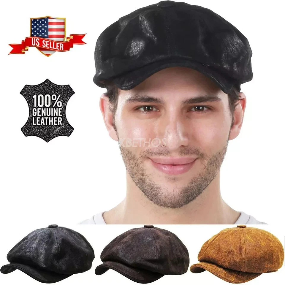 100% Genuine Leather Mens Ivy Hat Golf Driving Ascot Flat Cabbie Newsboy - Image 1 of 1