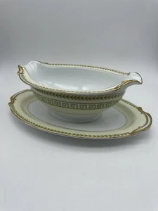 Rare Vintage Noritake Musetta 3702 Gravy Boat Green Greek Key Laurel Gold~v Exc - Picture 1 of 11
