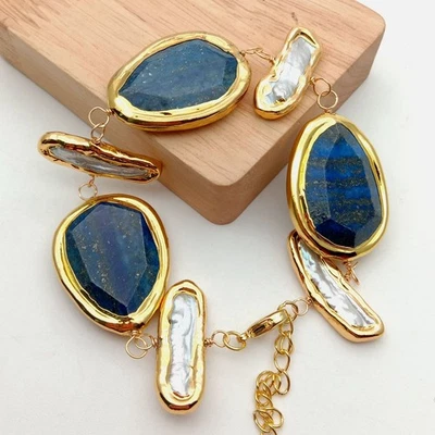 Conjunto de bisel de lapislázuli azul natural blanco perlas Biwa chapado en oro pulsera 8"" Foto 1 de 4