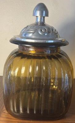11" Artland Apothecary - Ribbed Amber Glass w/ Metal Lid - Image 1 of 4
