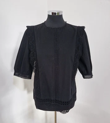 OASIS Broderie Anglaise Top Size 14 Black Half Sleeve Pure Cotton Brand New  - Image 1 of 4