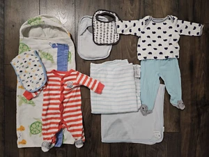 LOT 9 - Baby Boy's Towel Washcloth Muslin & swaddle blankets Pajamas pants shirt - Picture 1 of 20