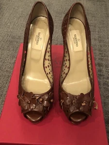 Valentino Garavani Brown Perforated Leather Open Toe High Heels Size 38 - Picture 1 of 12