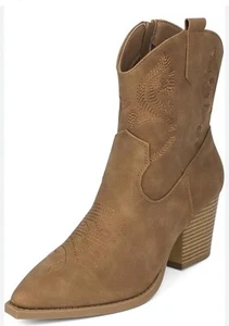 Womens Western Style Tan Ankle Boots With Embroidery & Block Heel Size 7 - Picture 1 of 11