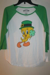 Looney Tunes Tweety Bird St Patrick's Day Junior's 3/4 sleeve Raglan Tee - Picture 1 of 4