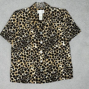 Miss Dorby Leopard Print Blouse Size 10 90s Button Front Shoulder Pads Boho - Picture 1 of 7