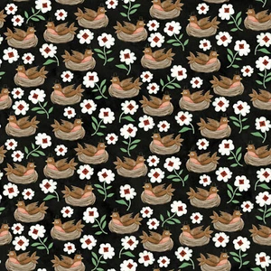 HOP HOORAY ~ Pájaros en nido y flores sobre fondo negro ~ Riley Blake - Imagen 1 de 1