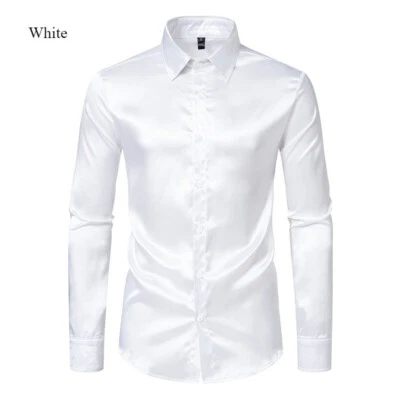 Men Satin Business Shirt Faux Silk Long Sleeve Top Button Shiny Blouse Club Chic - Image 1 of 4