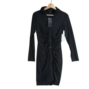 19 Cooper Midi Dress Women Sz XS Black Stretch Ruched Front Collared Long Sleeve - Picture 1 of 4