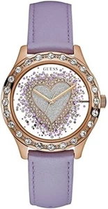 Guess Purple Leather strap Exhibition Heart Dial pink case Ladies Watch U0909L3 - Picture 1 of 2