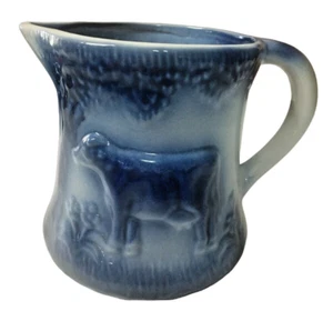 Vintage Blue and White Glazed Stoneware 6.5 Inch Cow Pitcher - Picture 1 of 5
