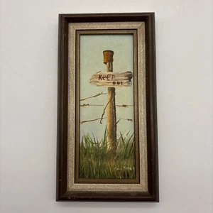 Nature Oil painting Original Framed Art Fence Country Barbwire Keep Out, Signed - Picture 1 of 8