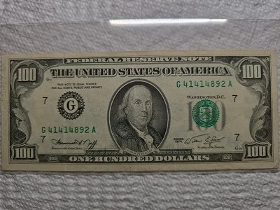 1974 One Hundred Dollar Bill $100, Federal Reserve Note,Serial #G41414892A ERROR - Image 1 of 4
