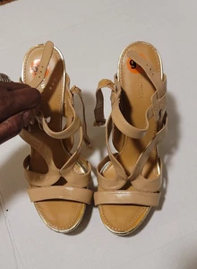 Nine West hellbraune beige hochhackige Leder-Riemchenschuhe offene Zehenpartie ~ 9,5 M3020 - Bild 1 von 14