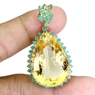Colgante de plata de ley 925 citrino 60 quilates 28x19 mm esmeralda hecho a mano joyería rara Foto 1 de 4
